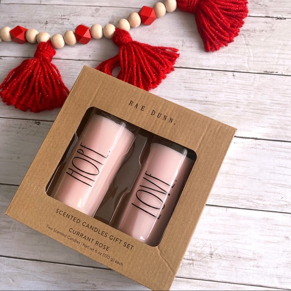 Rae Dunn HOPE LOVE Candle set Currant Rose Pink